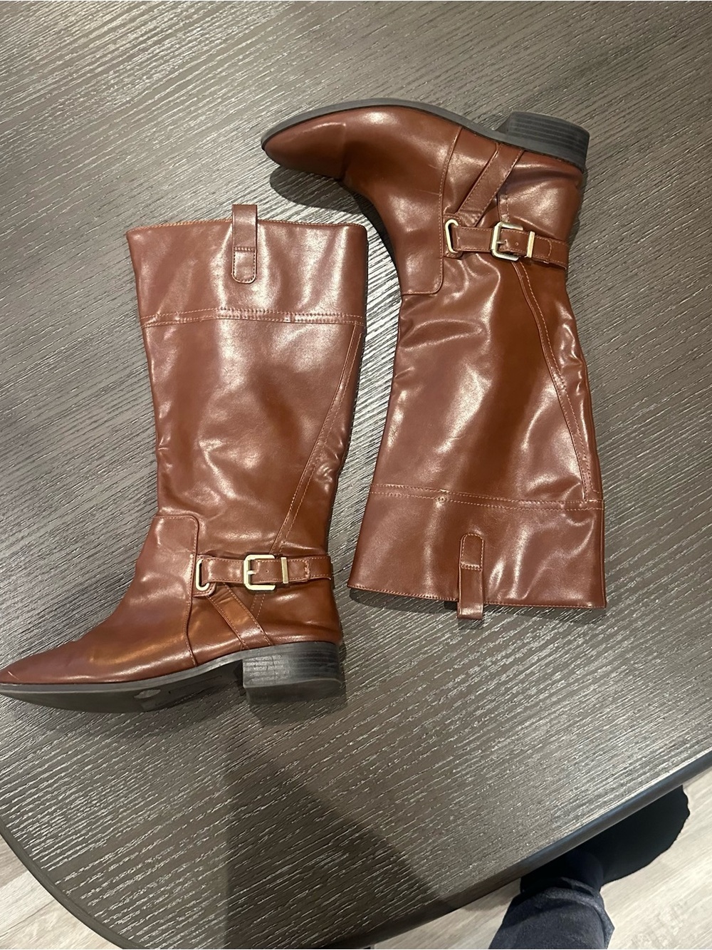 St. John's Bay Women’s Riding Boots Brown 11.5 Knee High Buckle Strap Block Heel
